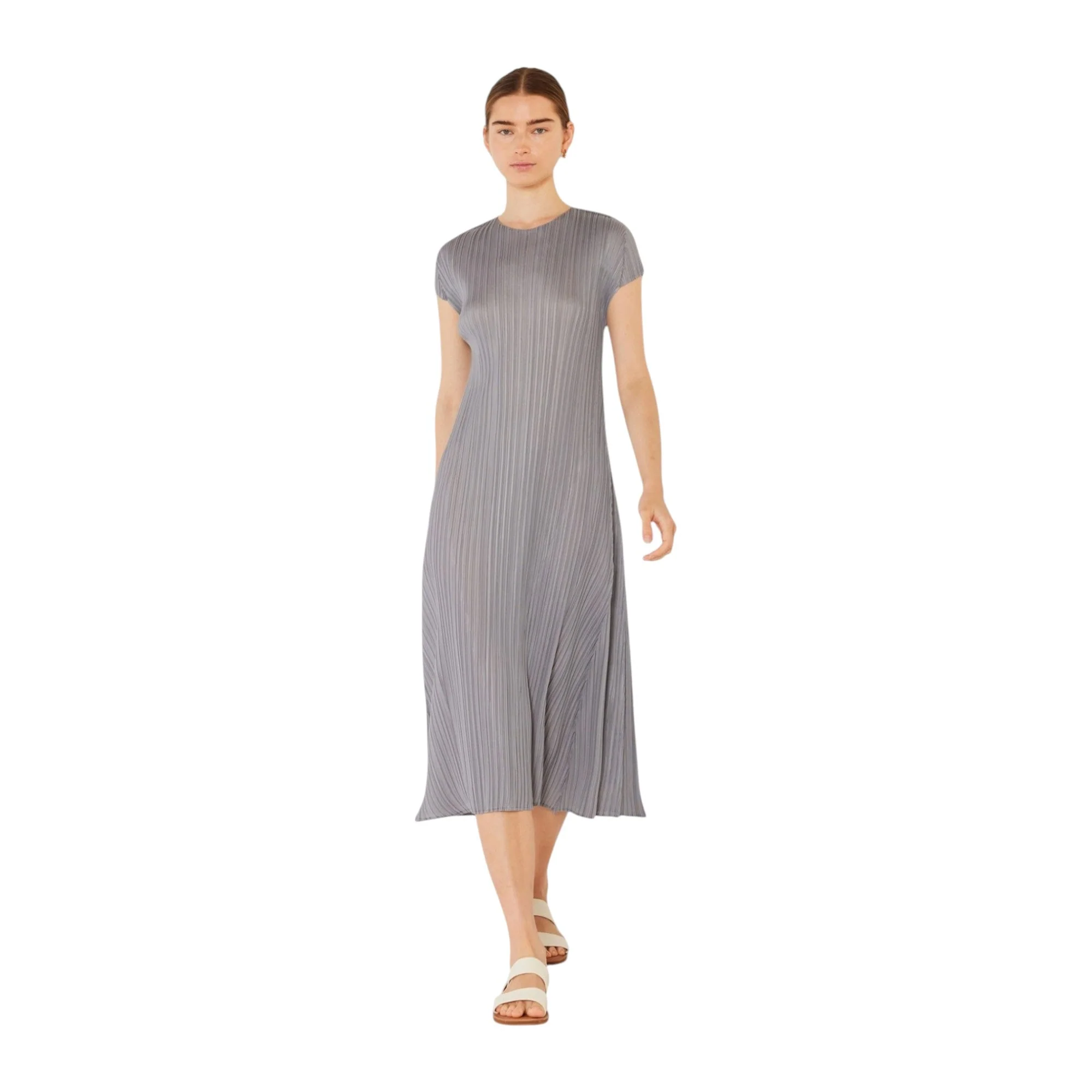 Verified Marina West Pleated Cap Sleeve A-Line Midi Dress D01CS - Gray Solid