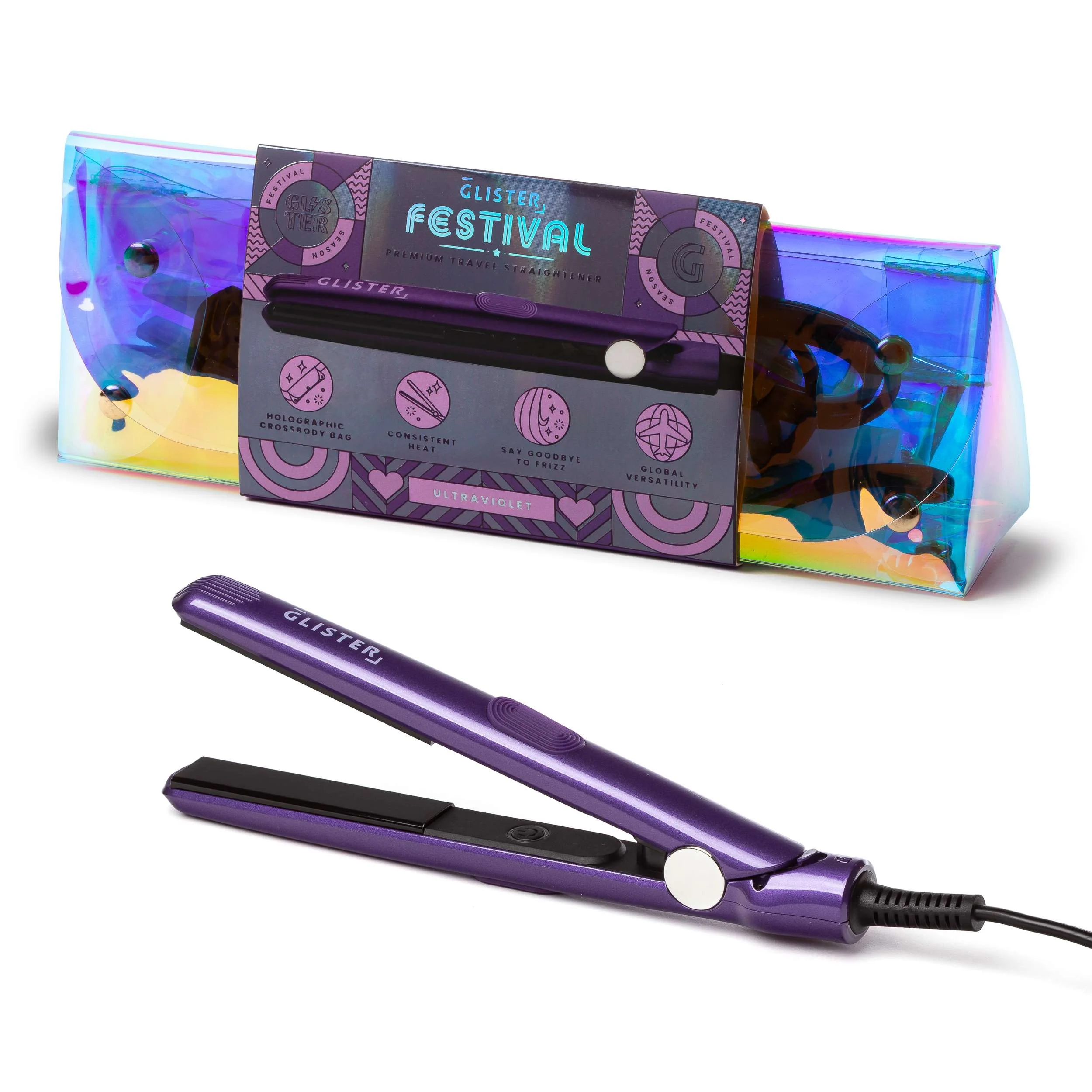 Durable Glister Limited Edition Festival Flat Iron With Holographic Bandolier Bag Unique