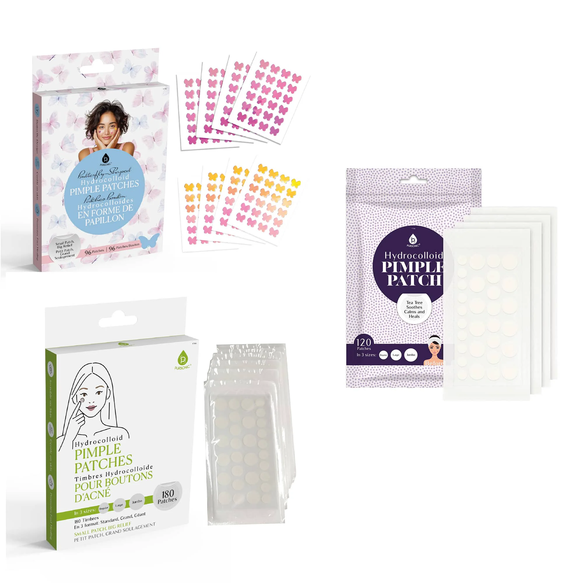 Reliable Pursonic Clear Skin Bundle 3 Packs of Hydrocolloid Pimple Patches Classic Butterfly Multi-Size High-Performance