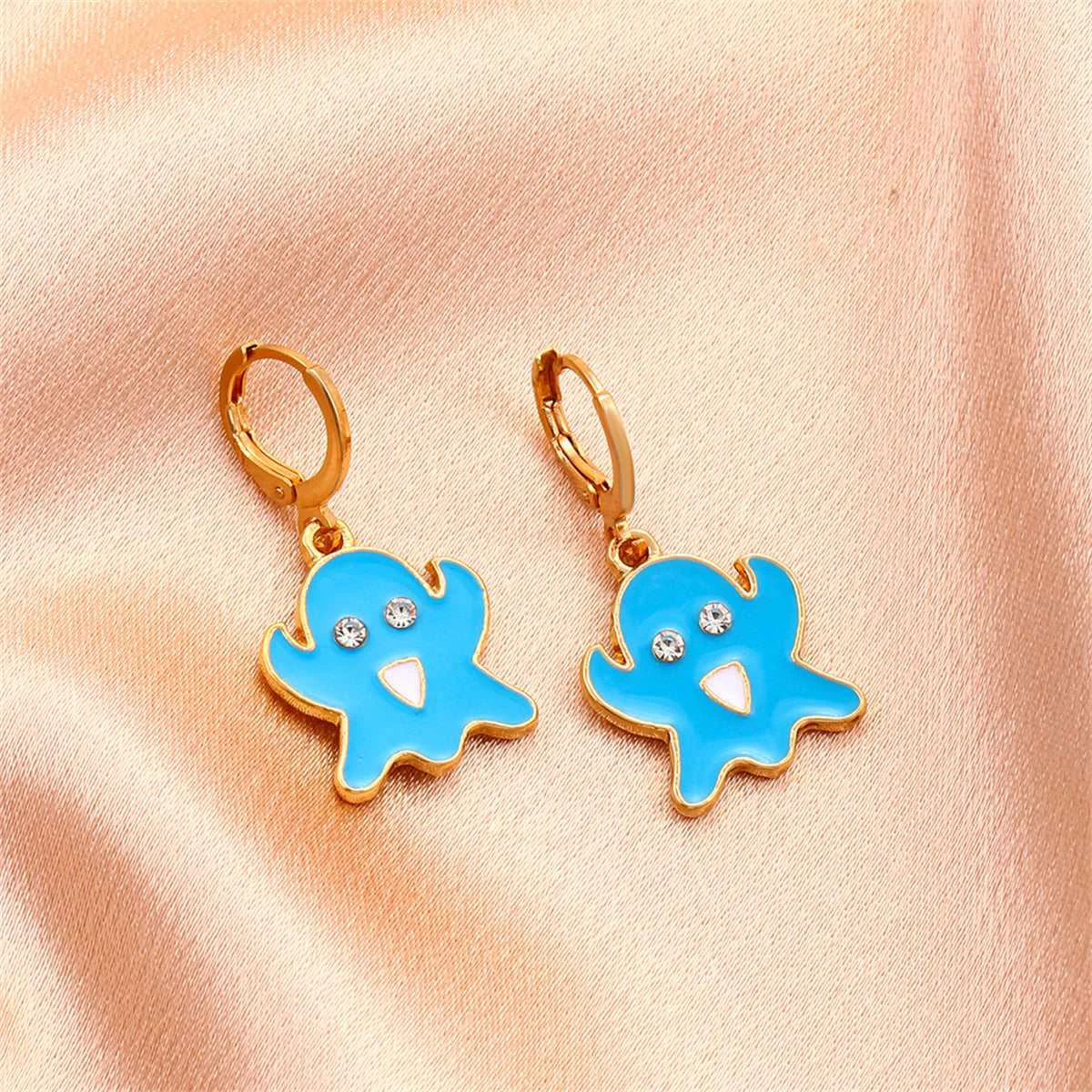 Verified Blue Enamel Cubic Zirconia Goldtone Ghost Huggie Earrings Carefully Designed