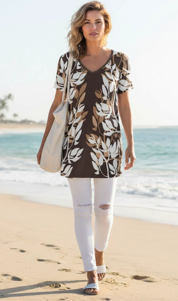 Natural Lily by Firmiana Women s V-Neck Short Sleeve Tunic Women s Apparel Brown White Leaf Print Official