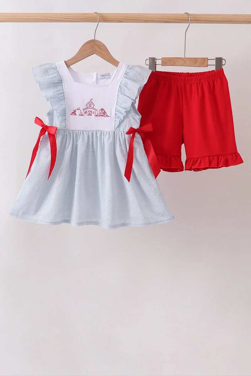 Advanced Blue Embroidered Swiss Dot Ruffle Set Relaxed