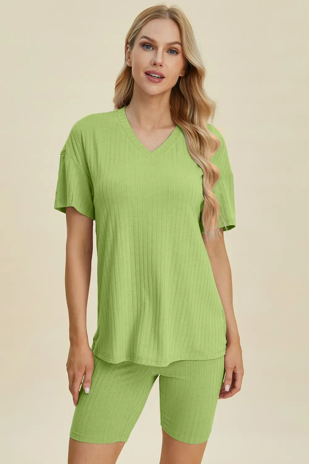 Sustainable Basic Bae Full Size Ribbed V-Neck Short Sleeve Top and Shorts Set Pure