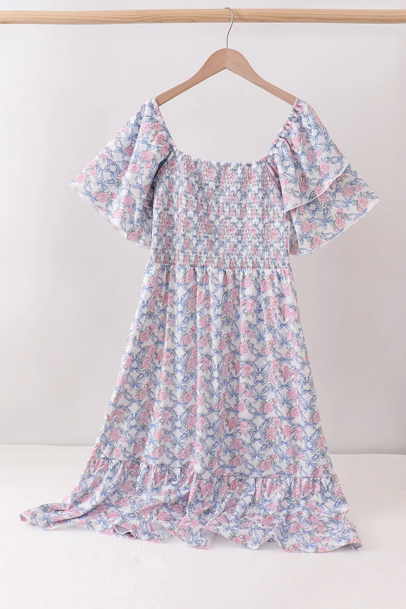 Reusable Blue Floral Smocked Women Dress Quality
