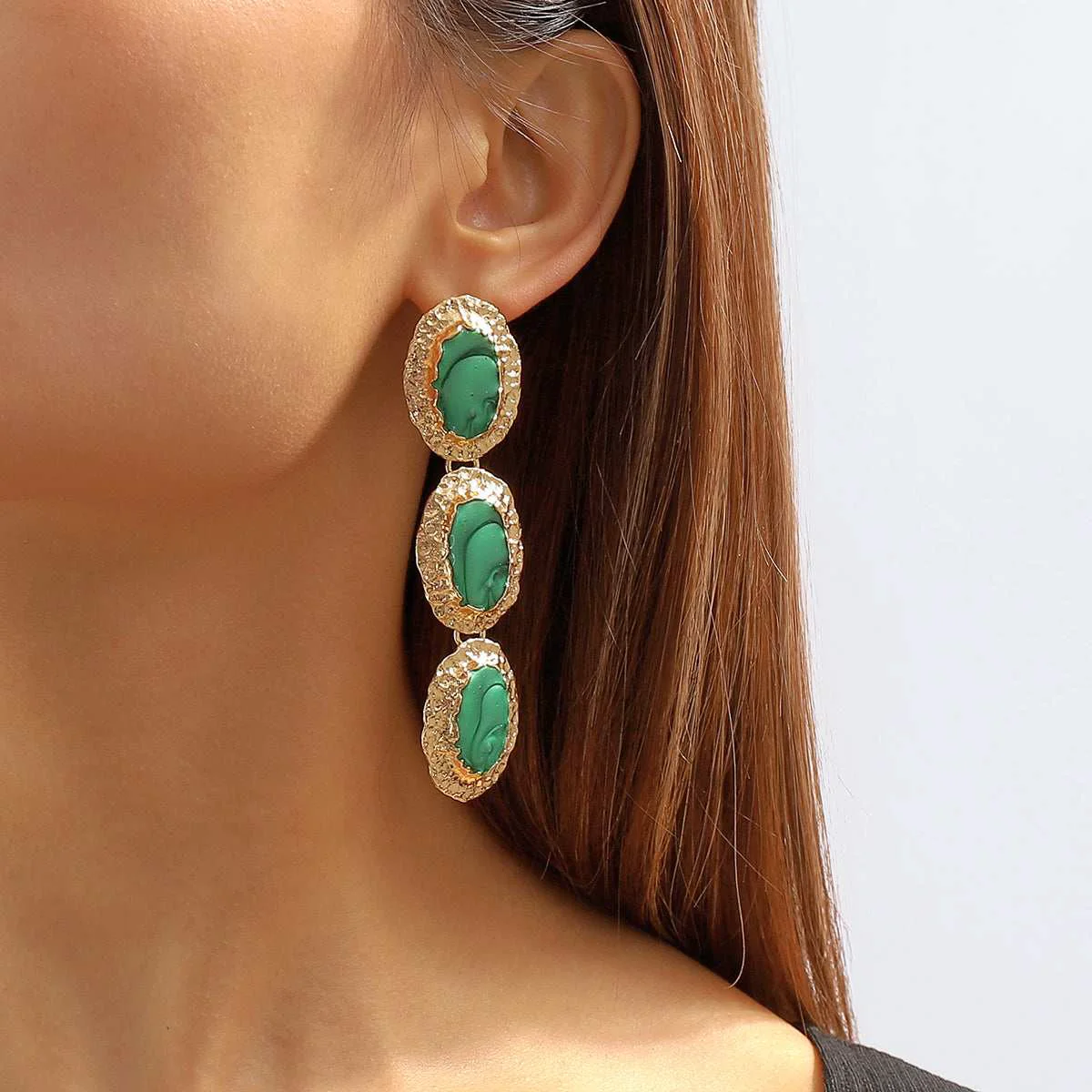 Specialty Green Enamel Goldtone Textured Oval Trio Drop Earrings Stylish
