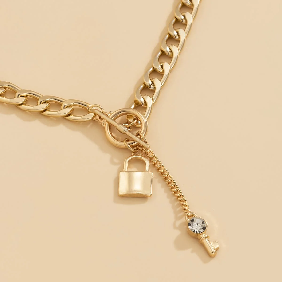 Detailed Cubic Zirconia Goldtone Lock Chain Necklace Convenient