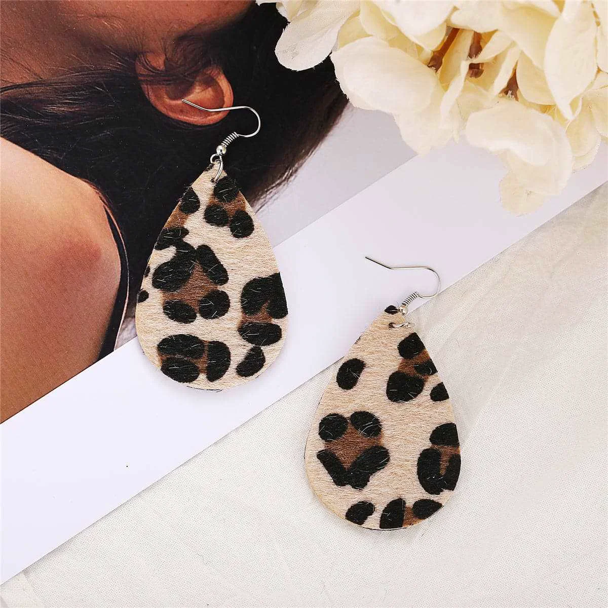 Consistent Black Gabardine Leopard-Print Drop Earrings Trendy