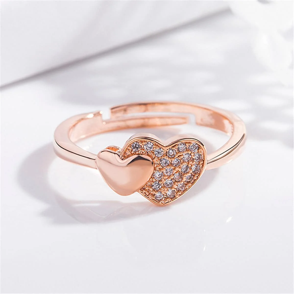 Pure Rose Goldtone Cubic Zirconia Heart Adjustable Ring Quality