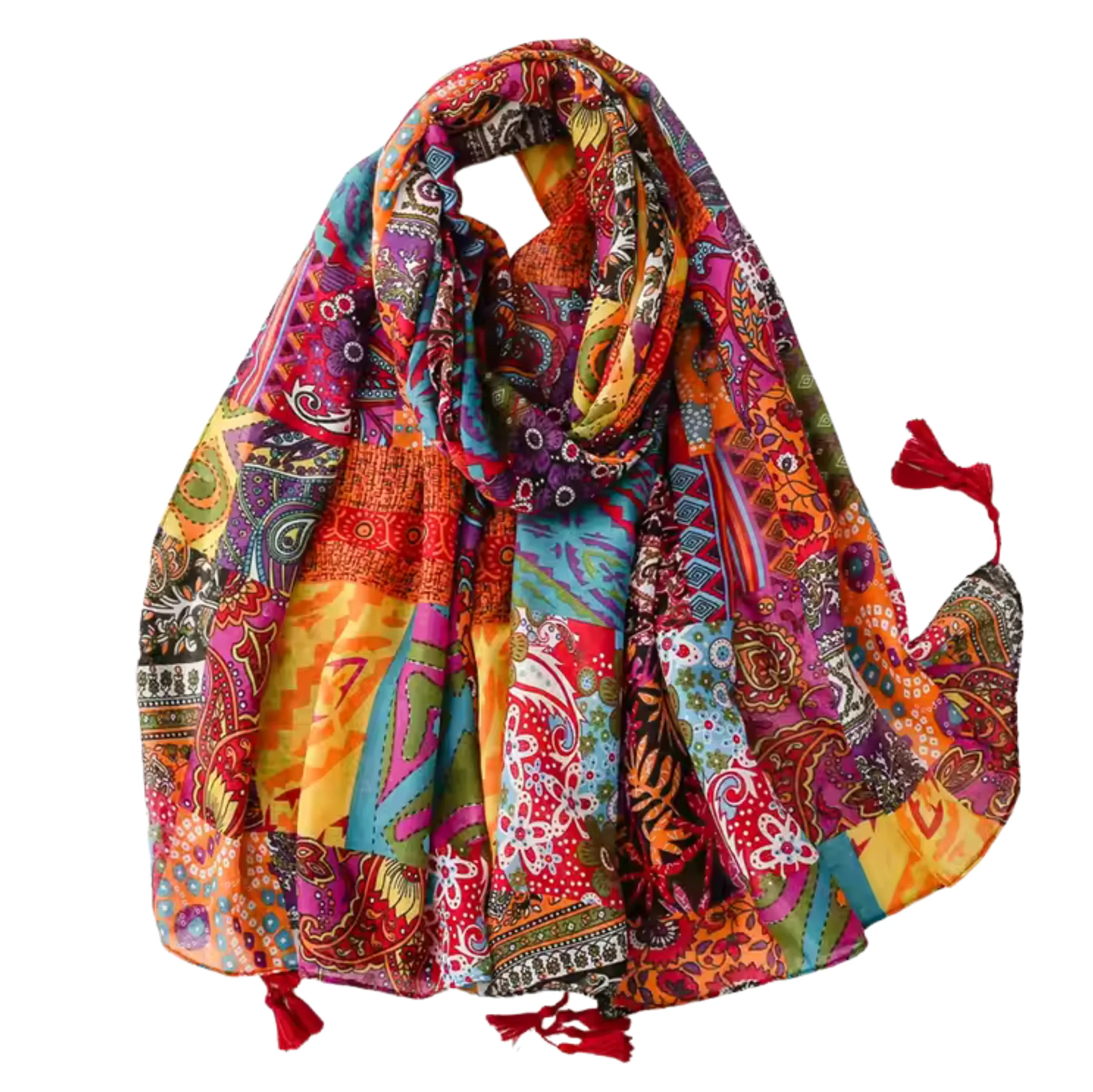 High-Quality Boho Patchwork Print Scarf with Tassel Accents Dependable
