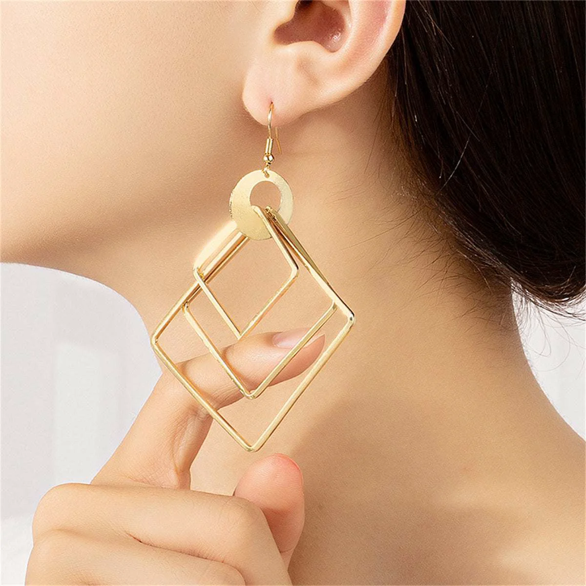 Consistent Goldtone Large Stacked Rhombus Drop Earrings Breathable