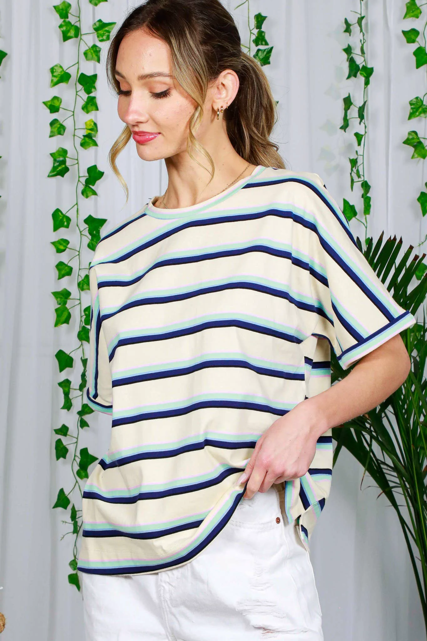 Efficient Bethany Crew Neck Roll-Up Sleeve Multi Strip Cotton Knit Top Elite