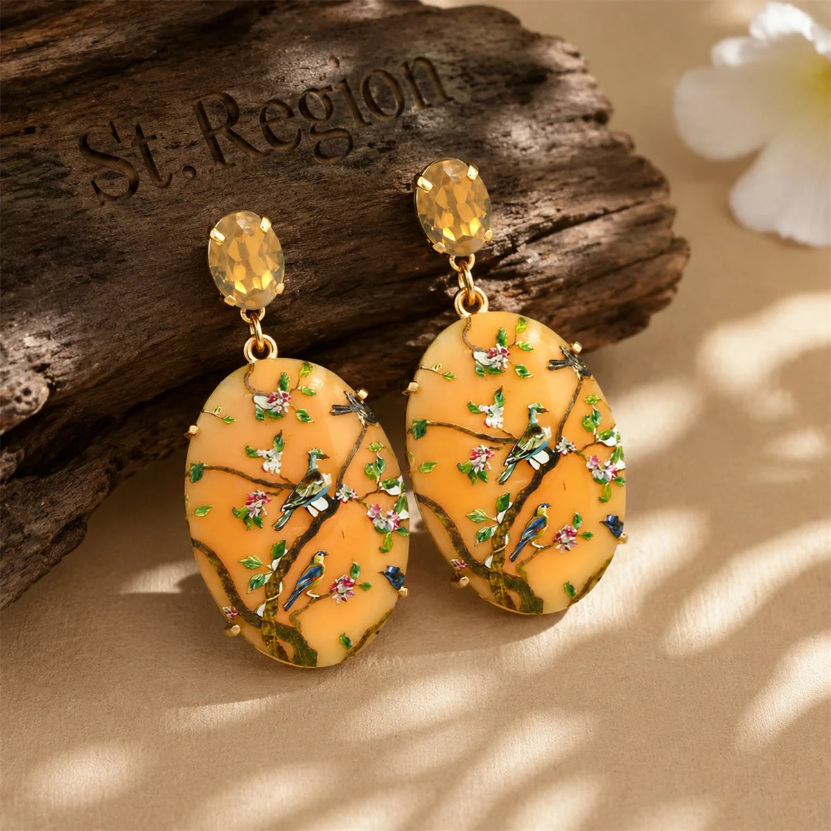 Top-Quality Beige Crystal Resin Goldtone Bird Branch Oval Drop Earrings Specialty