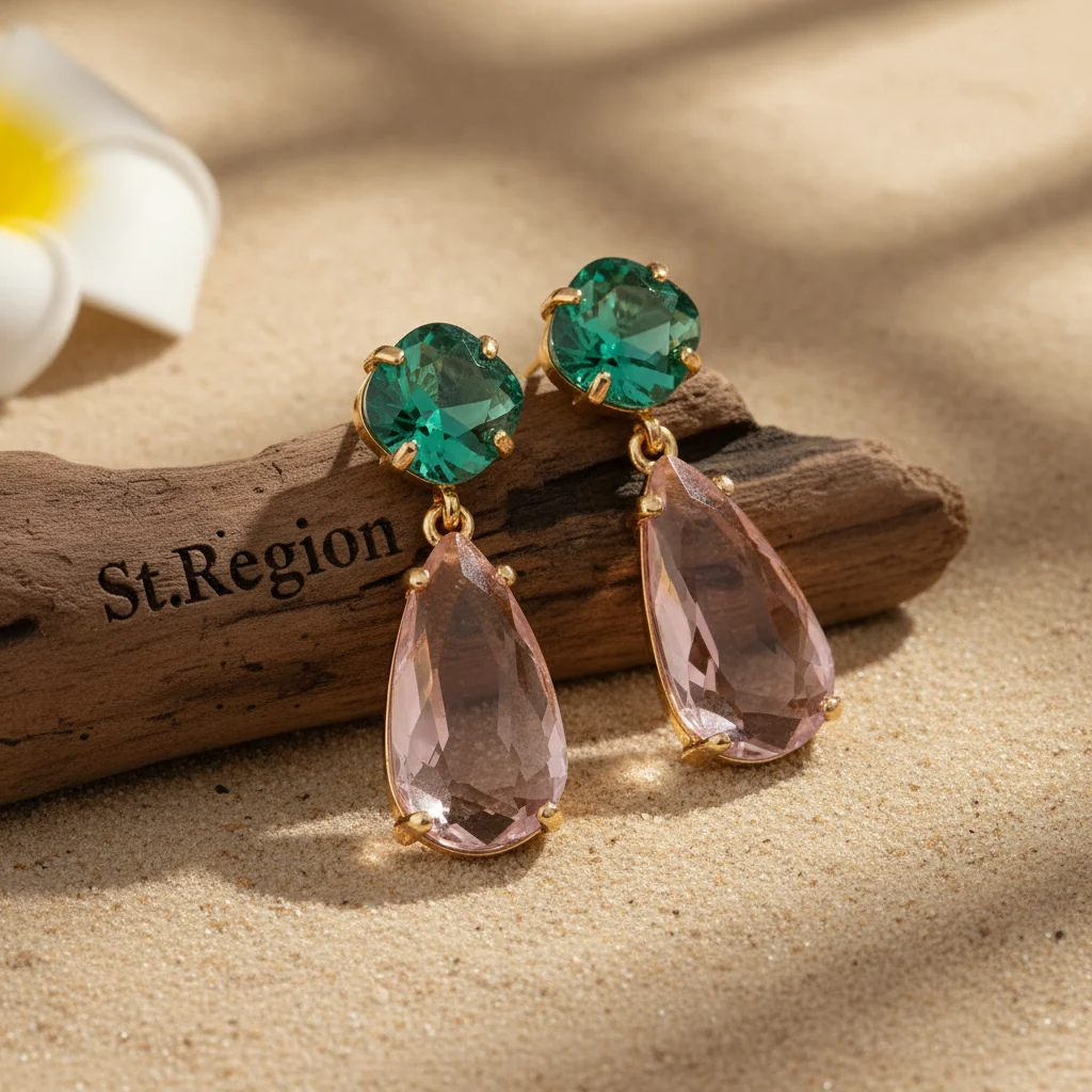 Dependable Green Pink Crystal Goldtone Cushion Drop Earrings Safe