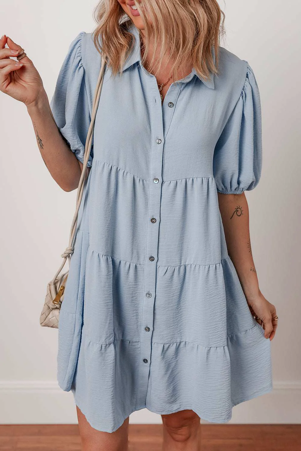 Fast Threaded Pear Arya Shirt Collar Button Up Puff Sleeve Tiered Dress Exceptional
