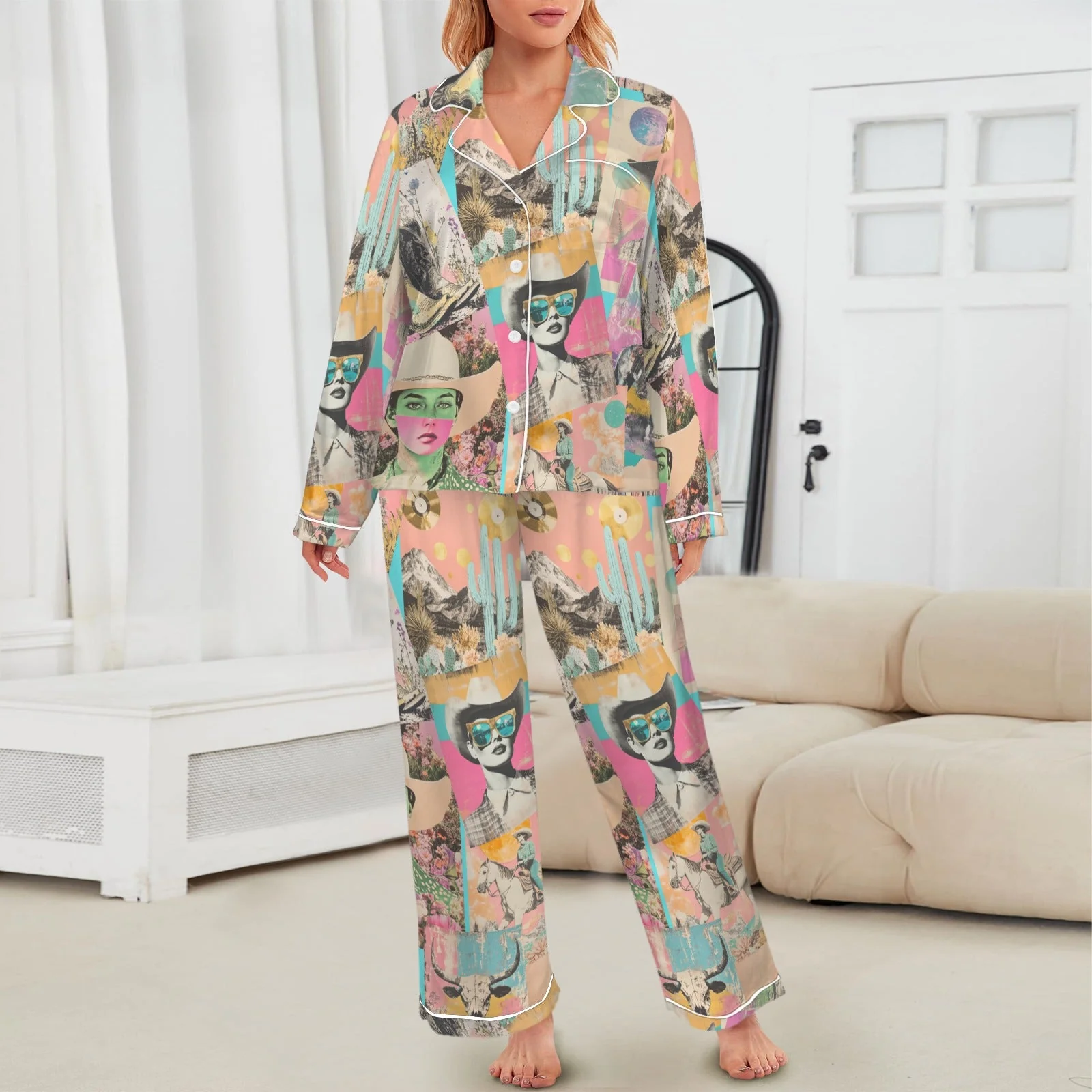Reliable Baha Ranch Pop Western Collage Cowgirl Satin Pajamas Innovative