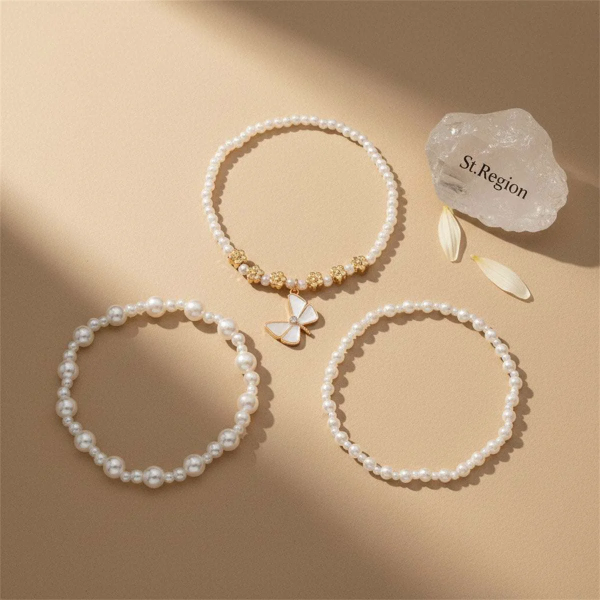 Safe Pearl Enamel Goldtone Flower Beads Butterfly Charm Stretch Anklet Set Selected
