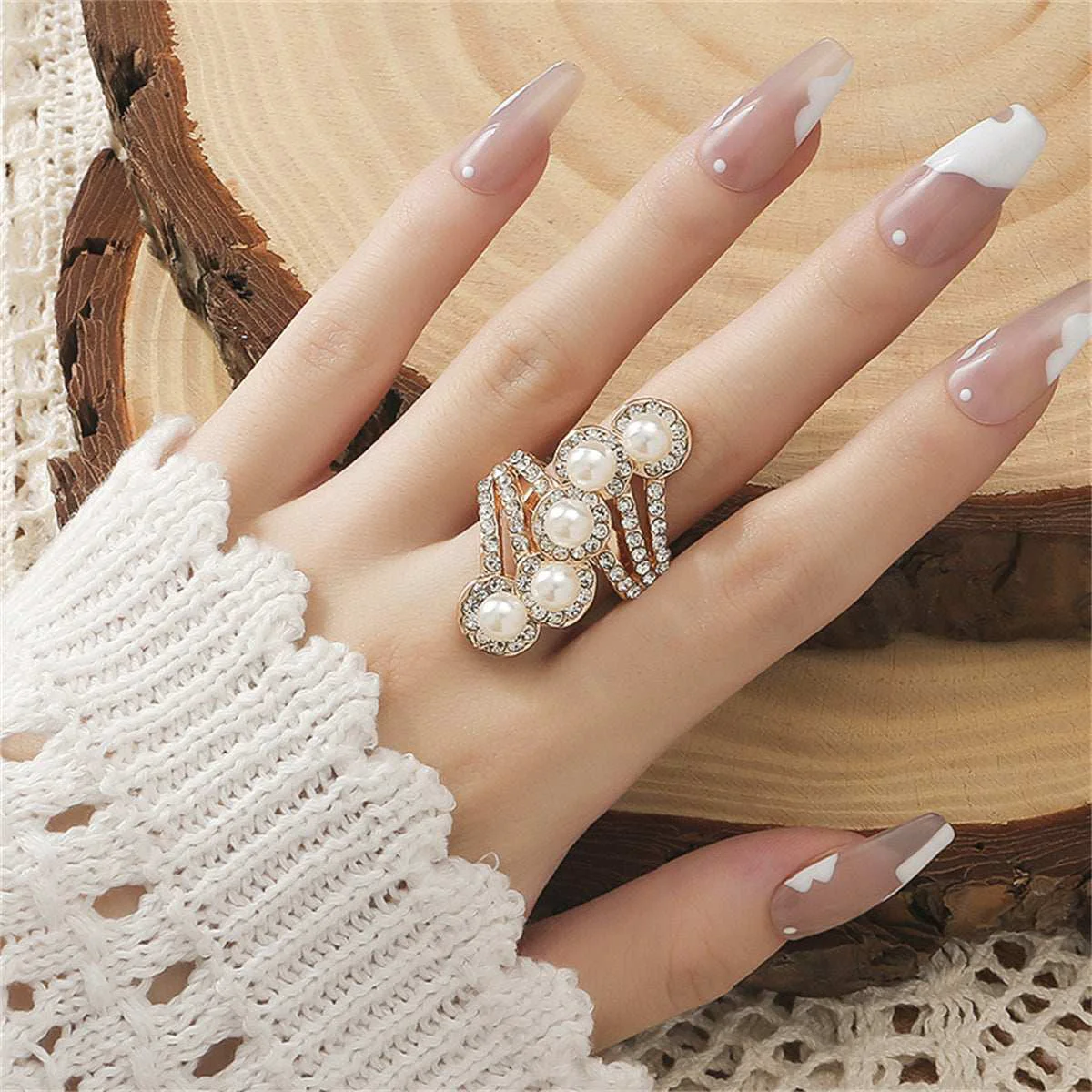Smart Pearl Cubic Zirconia Goldtone Bypass Adjustable Ring Innovative