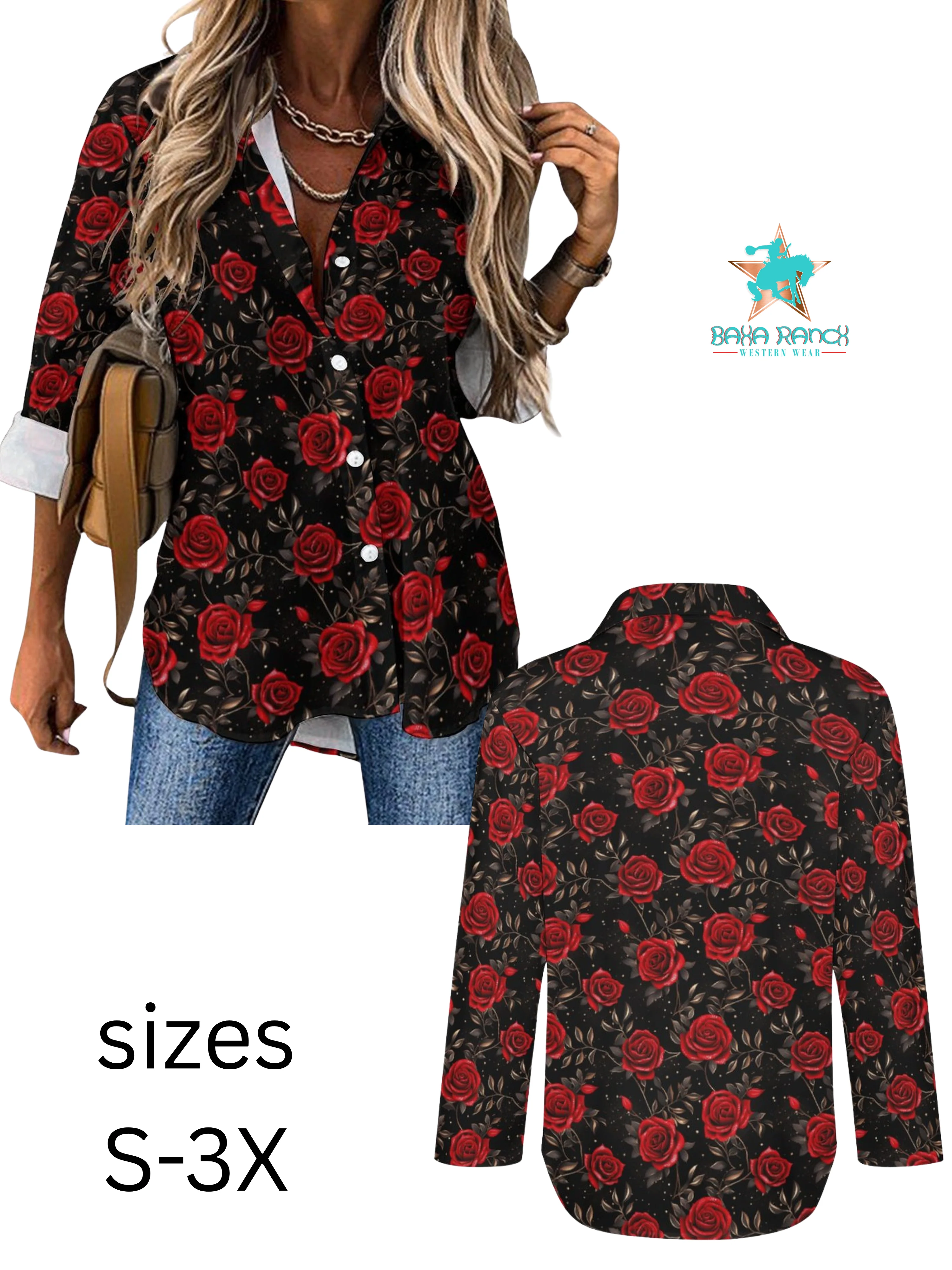 Carefully Designed Colores De Mexico Romantic Red Roses Button Up Blouse Responsible