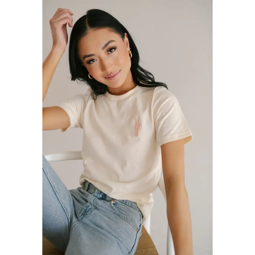 High-Grade Good Vibes Peace Embroidered Tee in Cream Detailed
