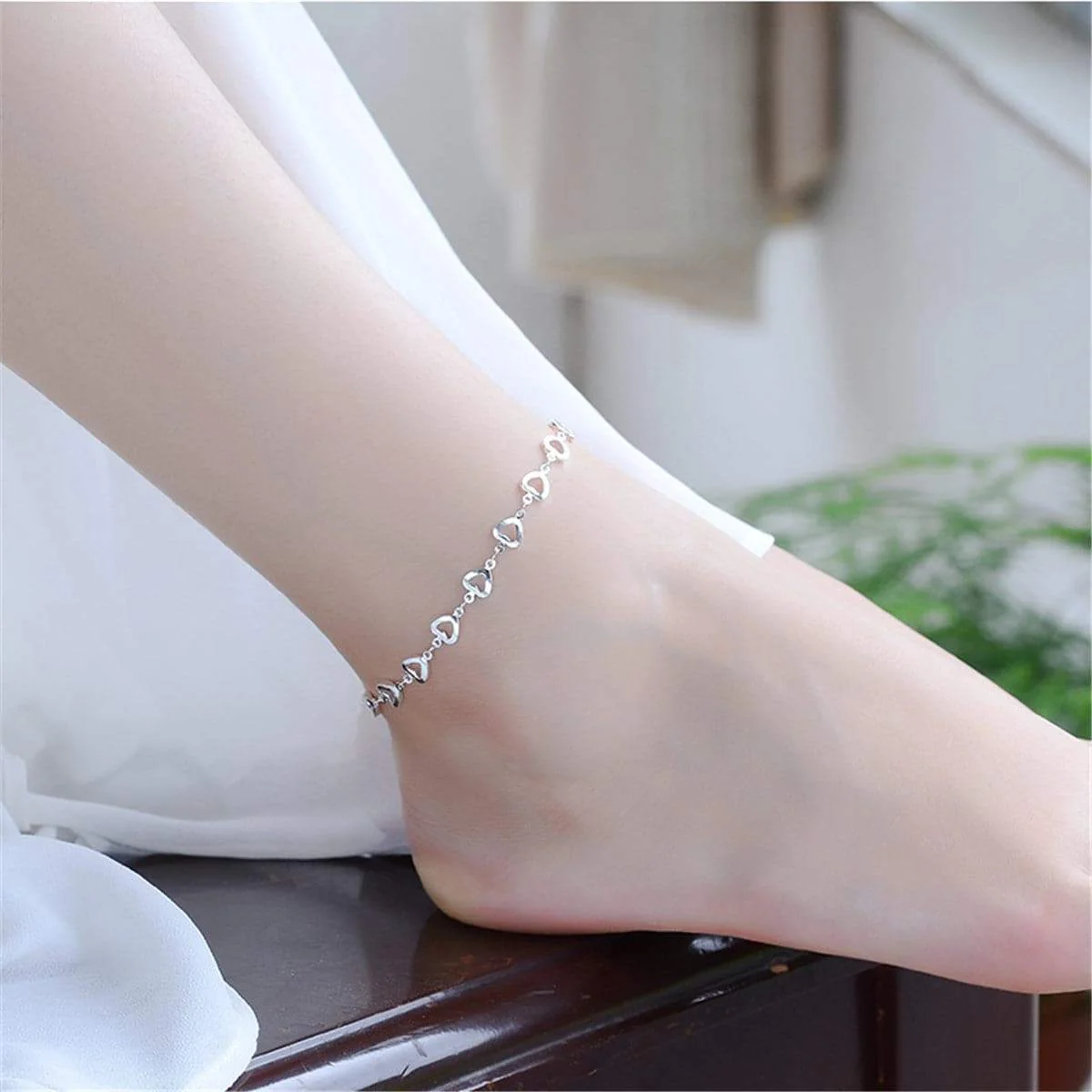 Smart Silvertone Open Heart Station Anklet Smooth