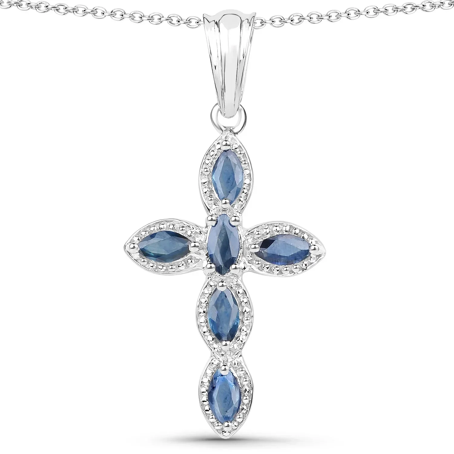 Trendy 0.90 Ct Marquise Blue Sapphire Prong Silver Cross Pendant Necklace Carefully Designed