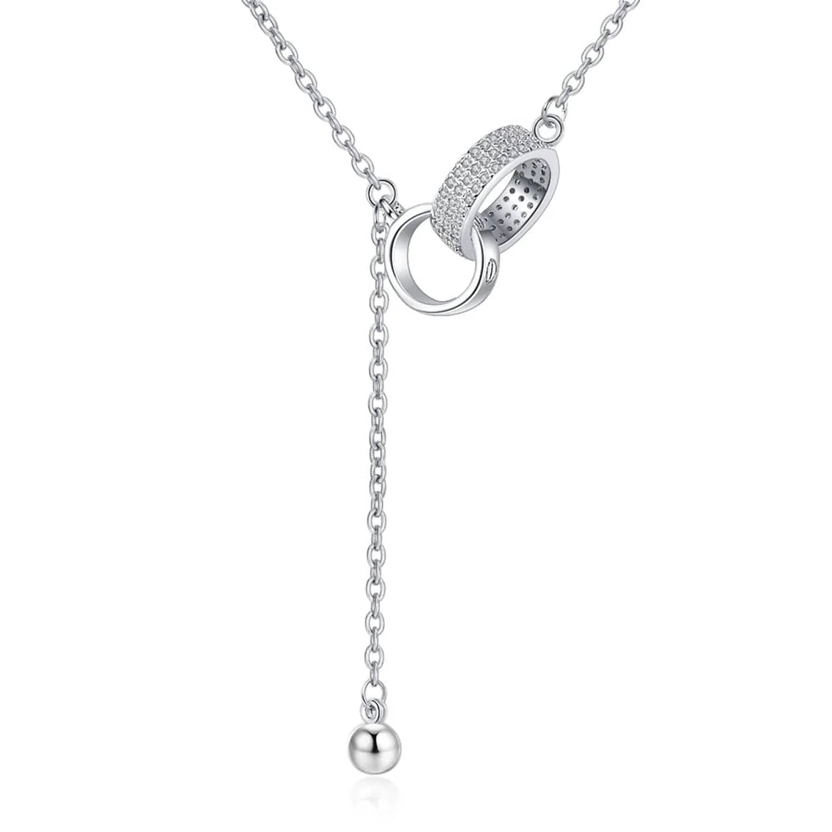 Smooth Cubic Zirconia Silvertone Interlocked Rings Lariat Necklace Durable