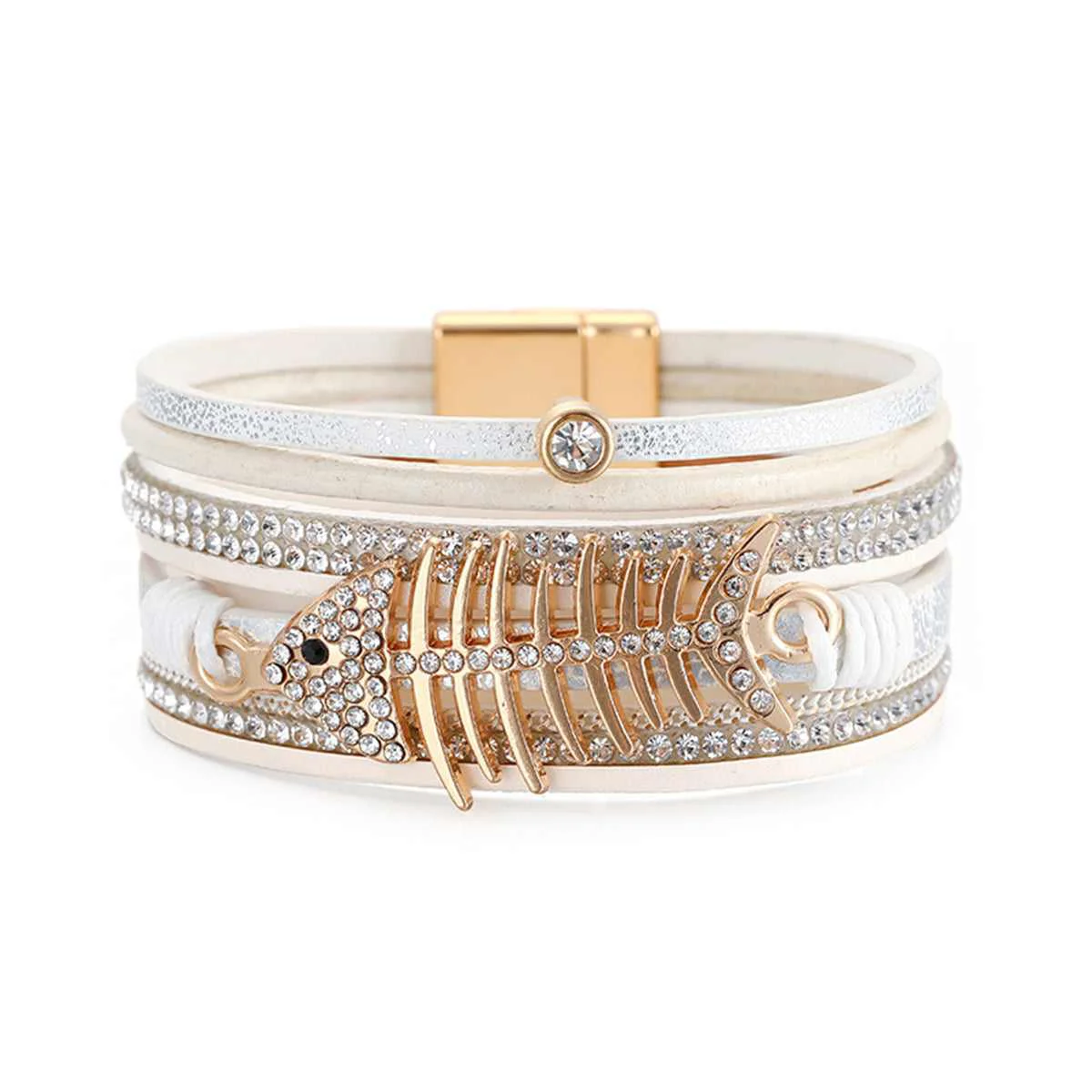 Consistent White Polystyrene Cubic Zirconia Fishbone Layered Bracelet Detailed
