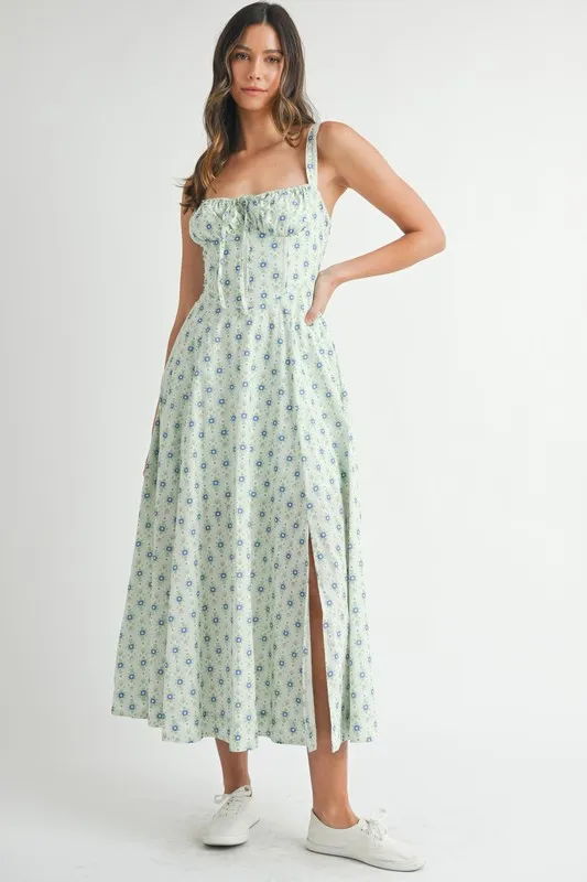 Carefully Designed MABLE Floral Print Bustier Back Lace Up Midi Dress Reliable
