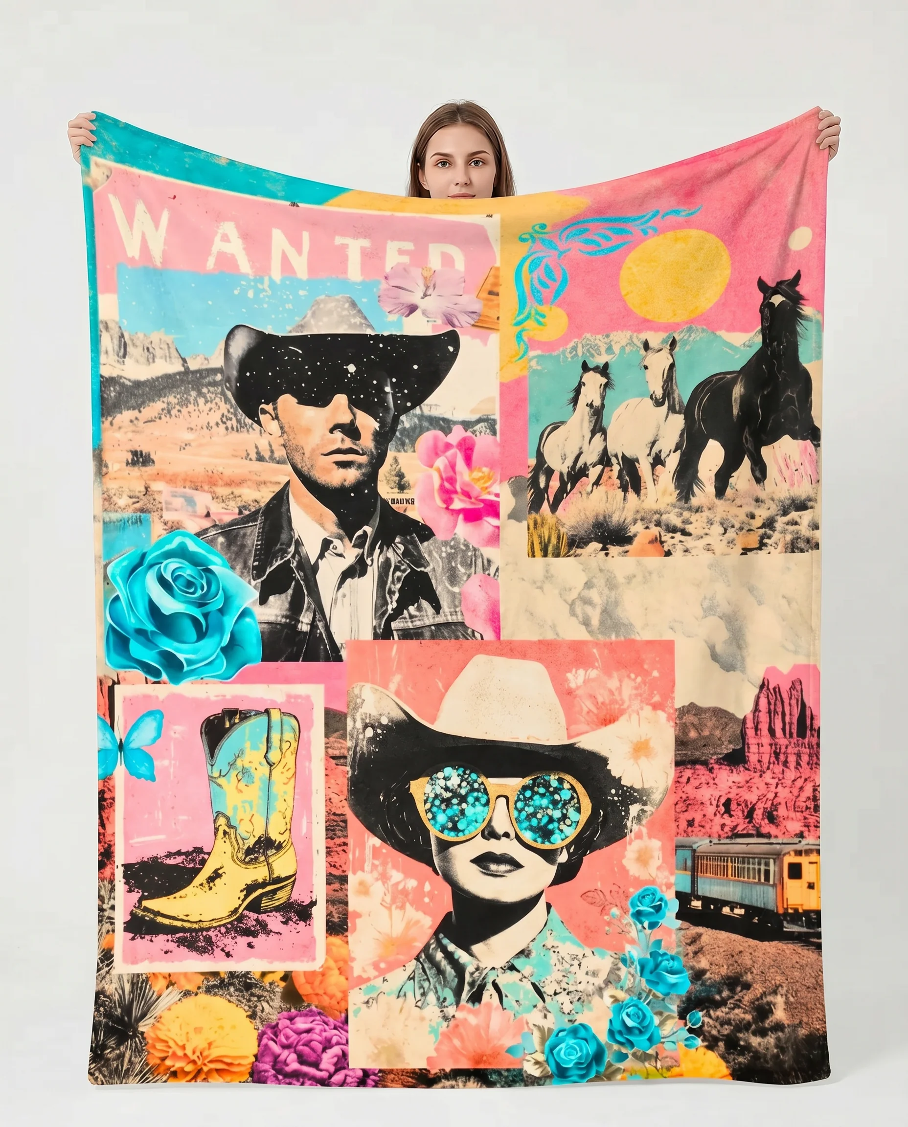 Exceptional Pop Western Collage Throw Blanket Ultra-Soft Micro Fleece Blanket 60 x 80 Made in America Excellent
