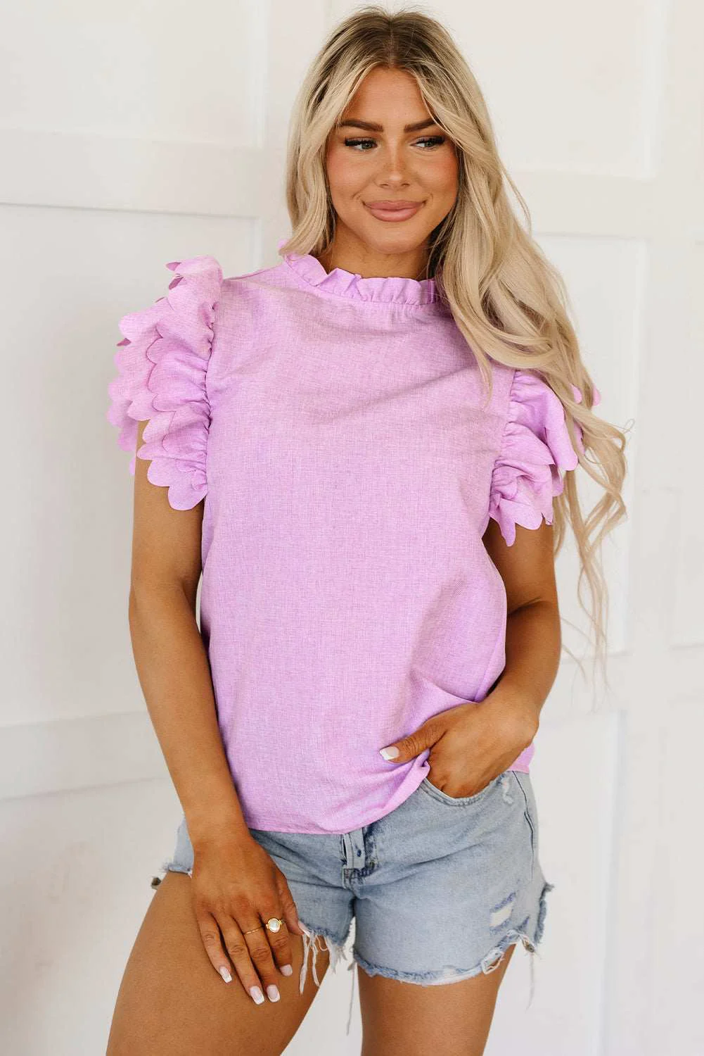 Authentic Threaded Pear Kori Scalloped Ruffle Sleeve Top High-Quality