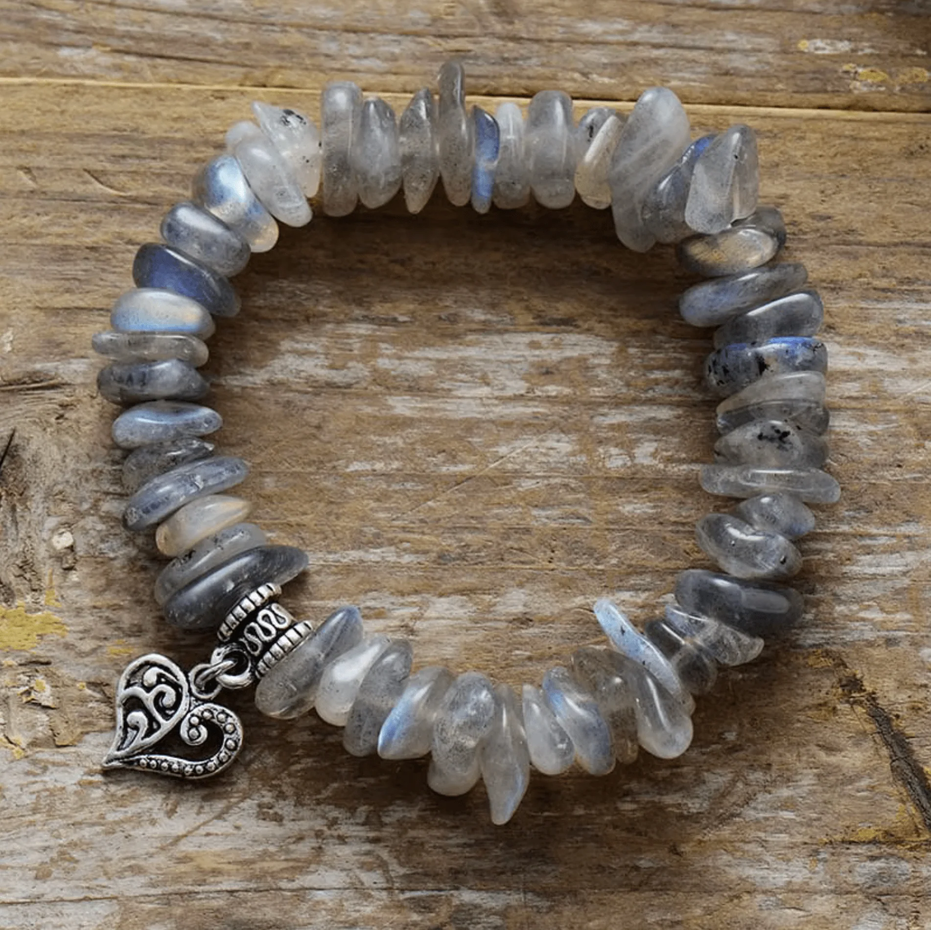 Carefully Designed Silvertone Grey Labradorite Gemstone Stretch Bracelet With Heart Charm Reusable