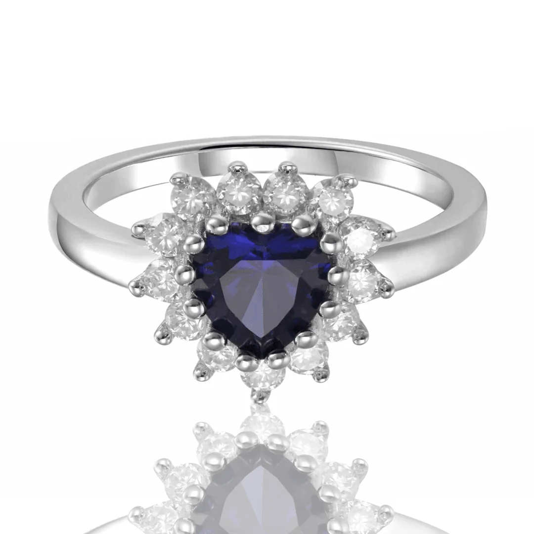 Clean 1.22 Heart Created Blue Sapphire and White Topaz Halo Ring Original Design