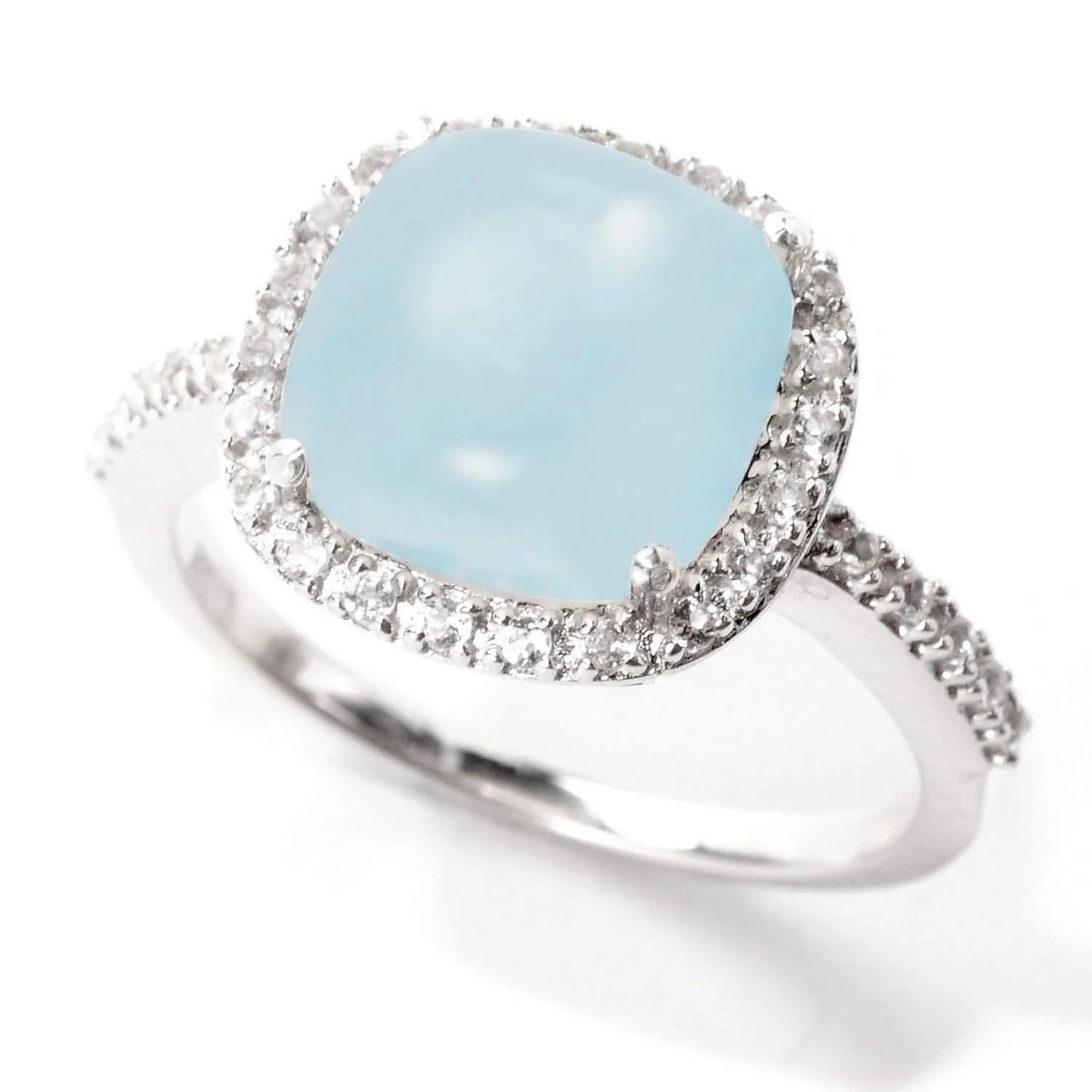 Unique Sterling Silver Natural Aquamarine and White Topaz Cushion-Cut Halo Ring Quality