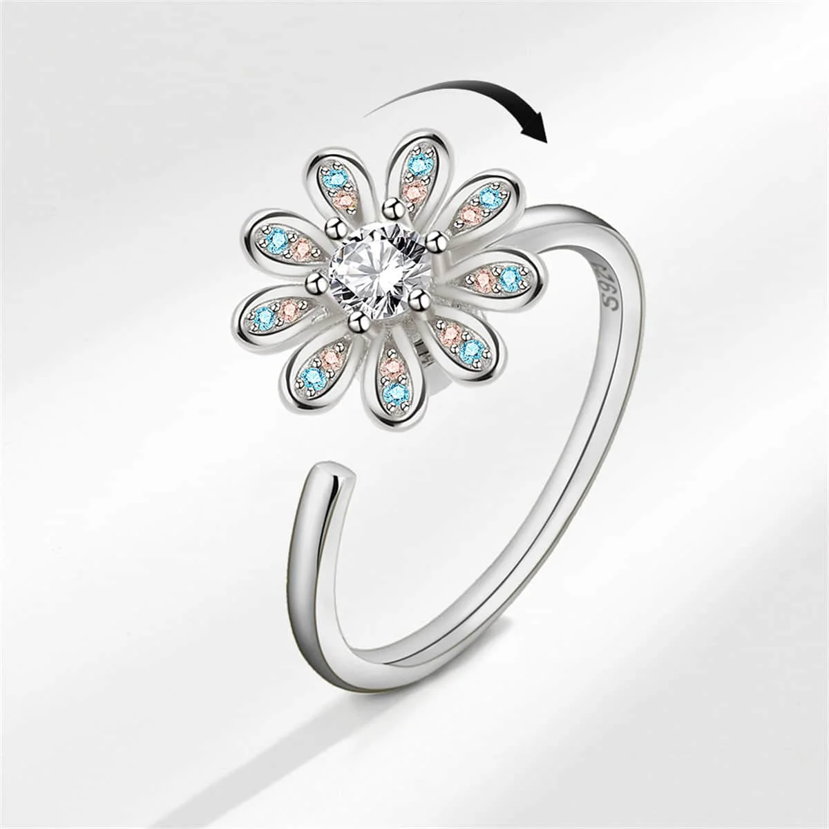 Top-Quality Crystal Cubic Zirconia Silvertone Rotating Flower Open Ring Environmentally Friendly