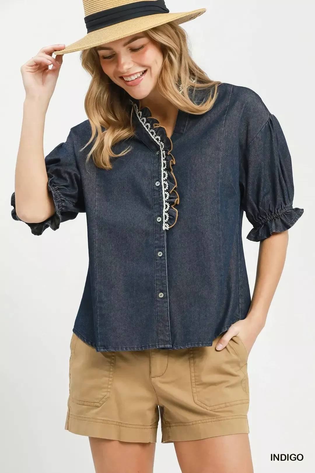 Authentic Umgee Chambray Scalloped Trim Button Front Blouse Clean