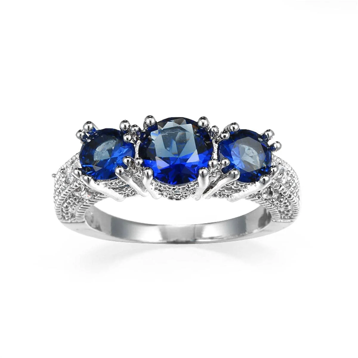 Advanced Navy Crystal Silvertone Triple-Head Ring Trusted