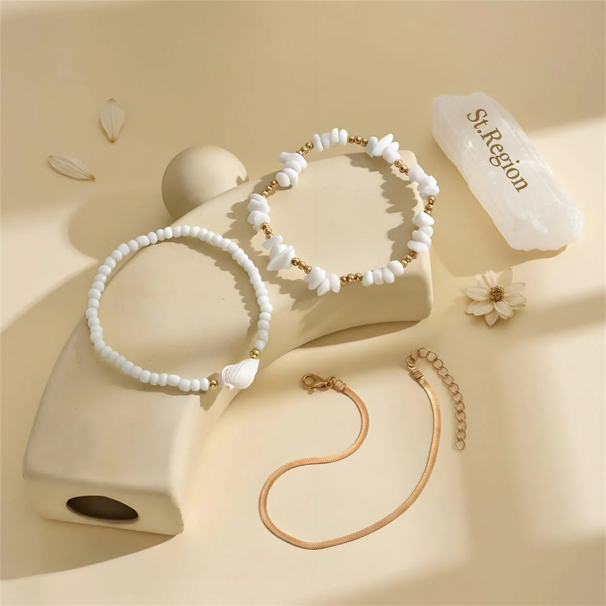 Sophisticated White Turqouise Howlite Shell Goldtone Stretch Anklet Set Long-Lasting
