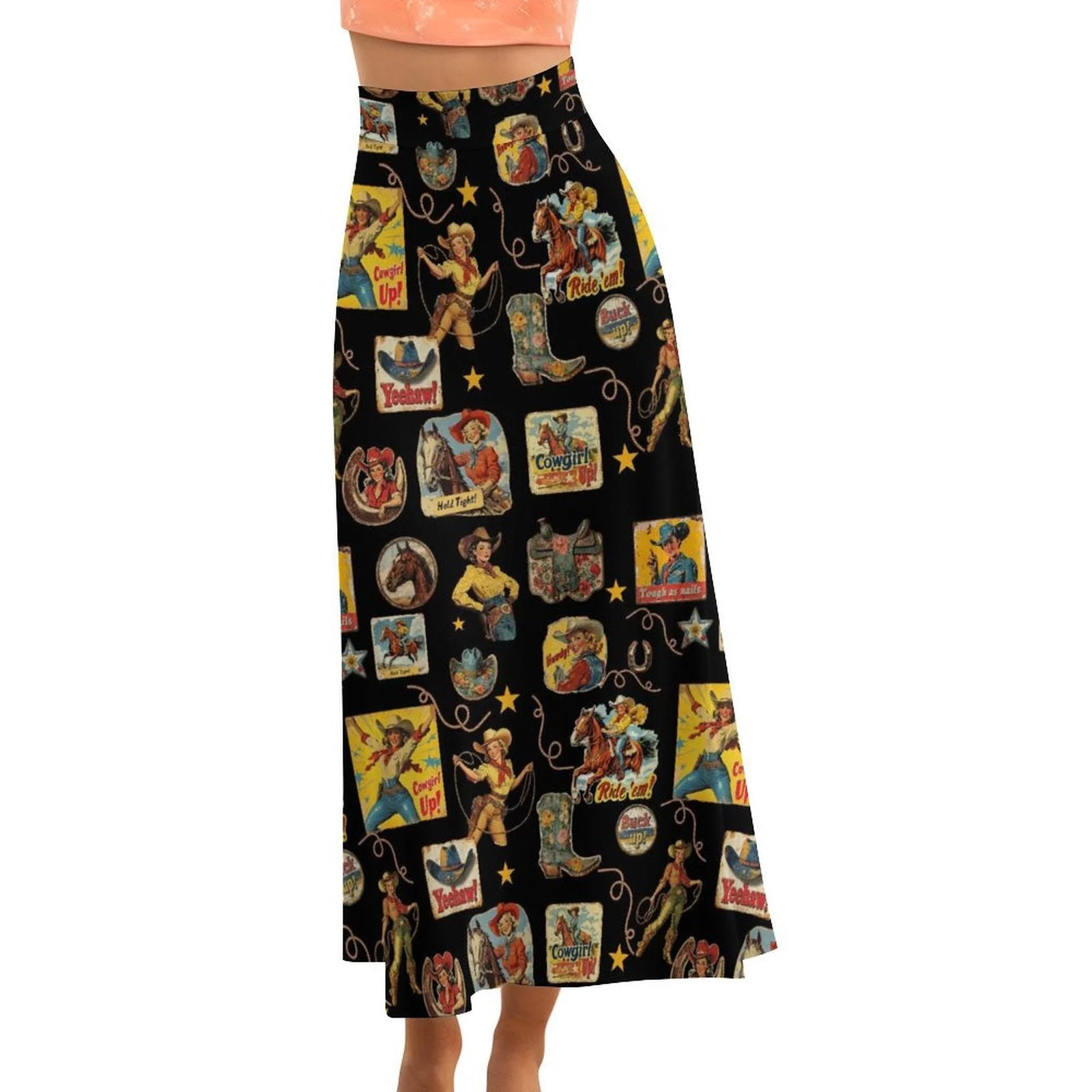 Convenient Vintage Cowgirl Collage Western Maxi Skirt High-Quality