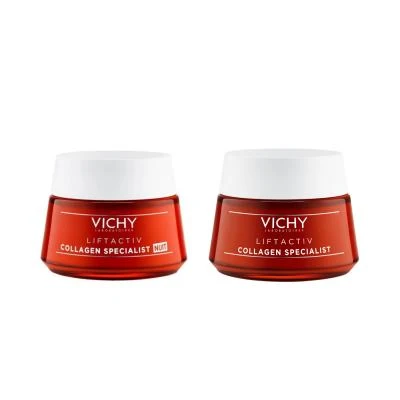 Enhanced Vichy Liftactiv Collagen Specialist Anti-Aging Skincare Set - Reduce Wrinkles Boost Collagen Firm Skin - Day Night Cream with Peptides Vitamin C Excellent