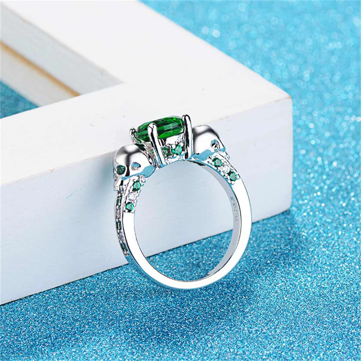 Professional Green Crystal Cubic Zirconia Skull-Accent Ring Consistent