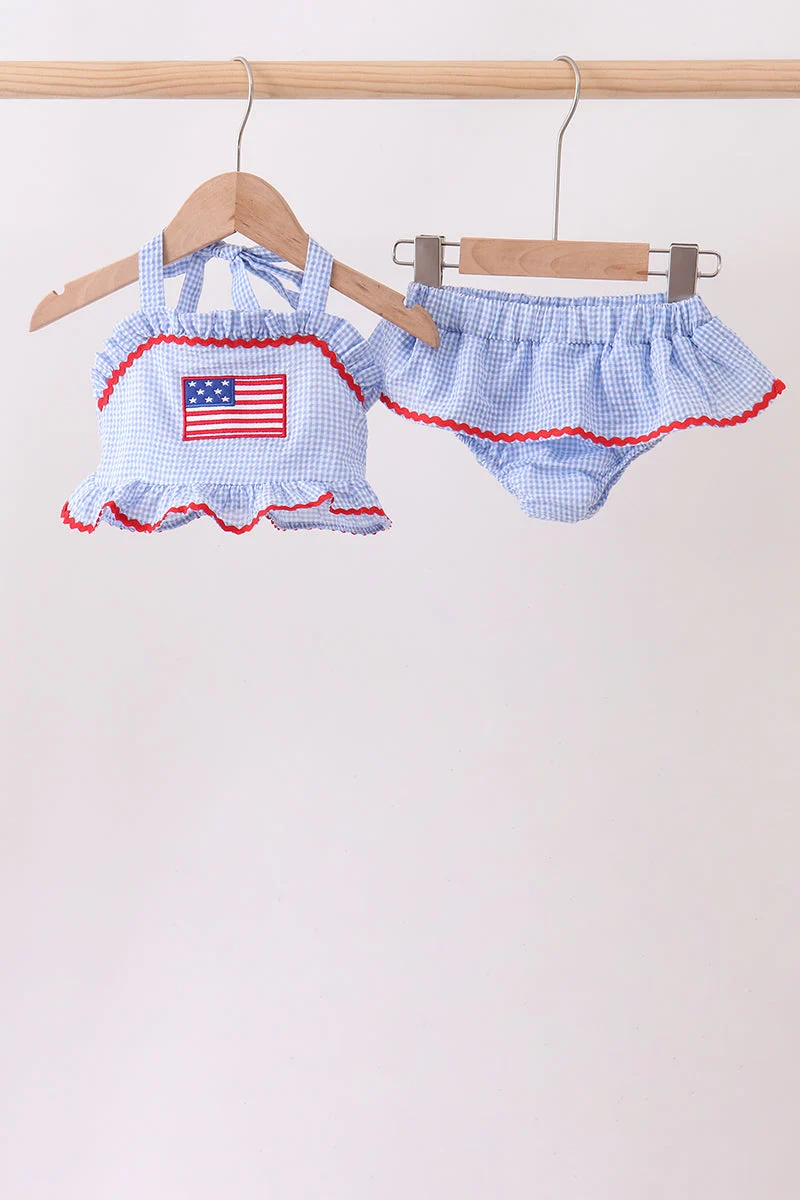 Refined Blue flag applique gingham ruffle 2pc swimsuit Exceptional