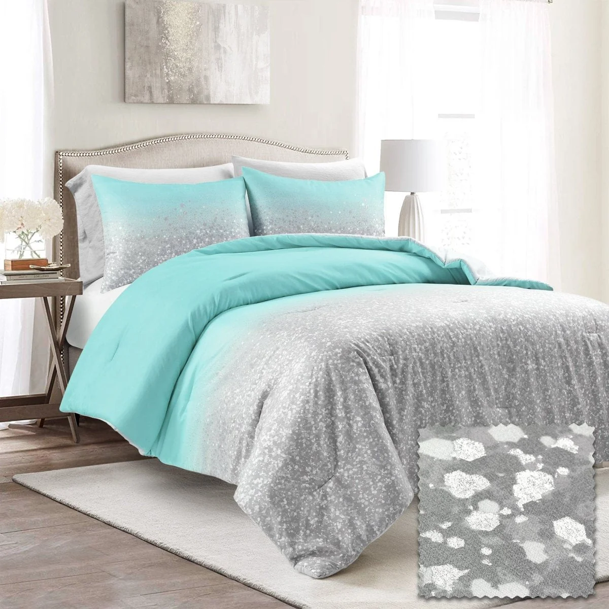 Convenient Glitter Ombre Metallic Print Comforter Set With Pillowcases Efficient