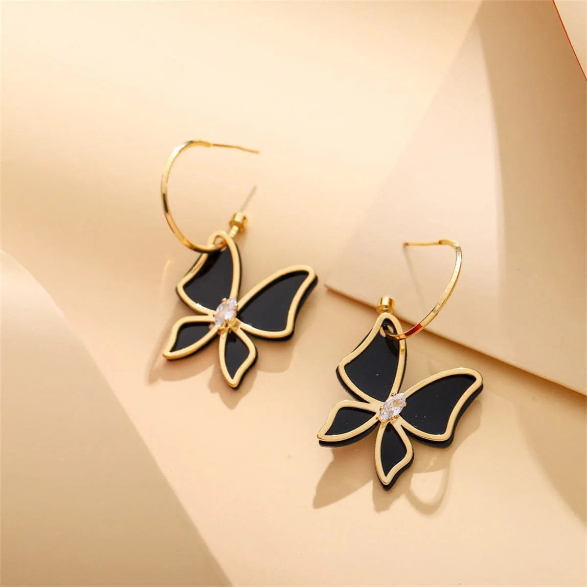 Specialty Cubic Zirconia Black Acrylic Overlay Butterfly Drop Earrings Green