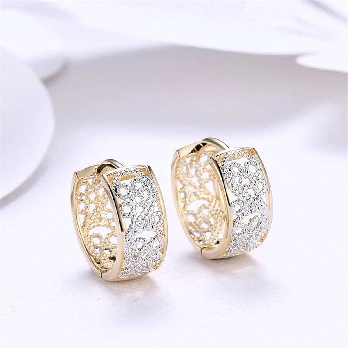 Detailed Two-tone Embossed Cutout Huggie Earrings Expertly Made