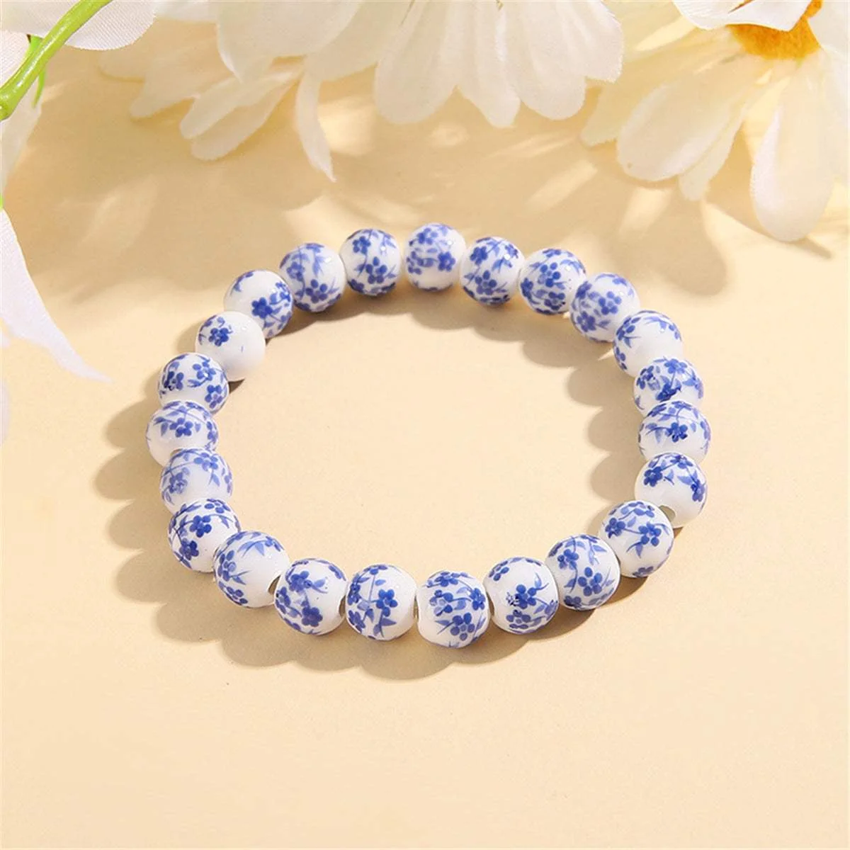 Fashionable Blue Ceramic Ridge Orchid Beaded Stretch Bracelet Soft