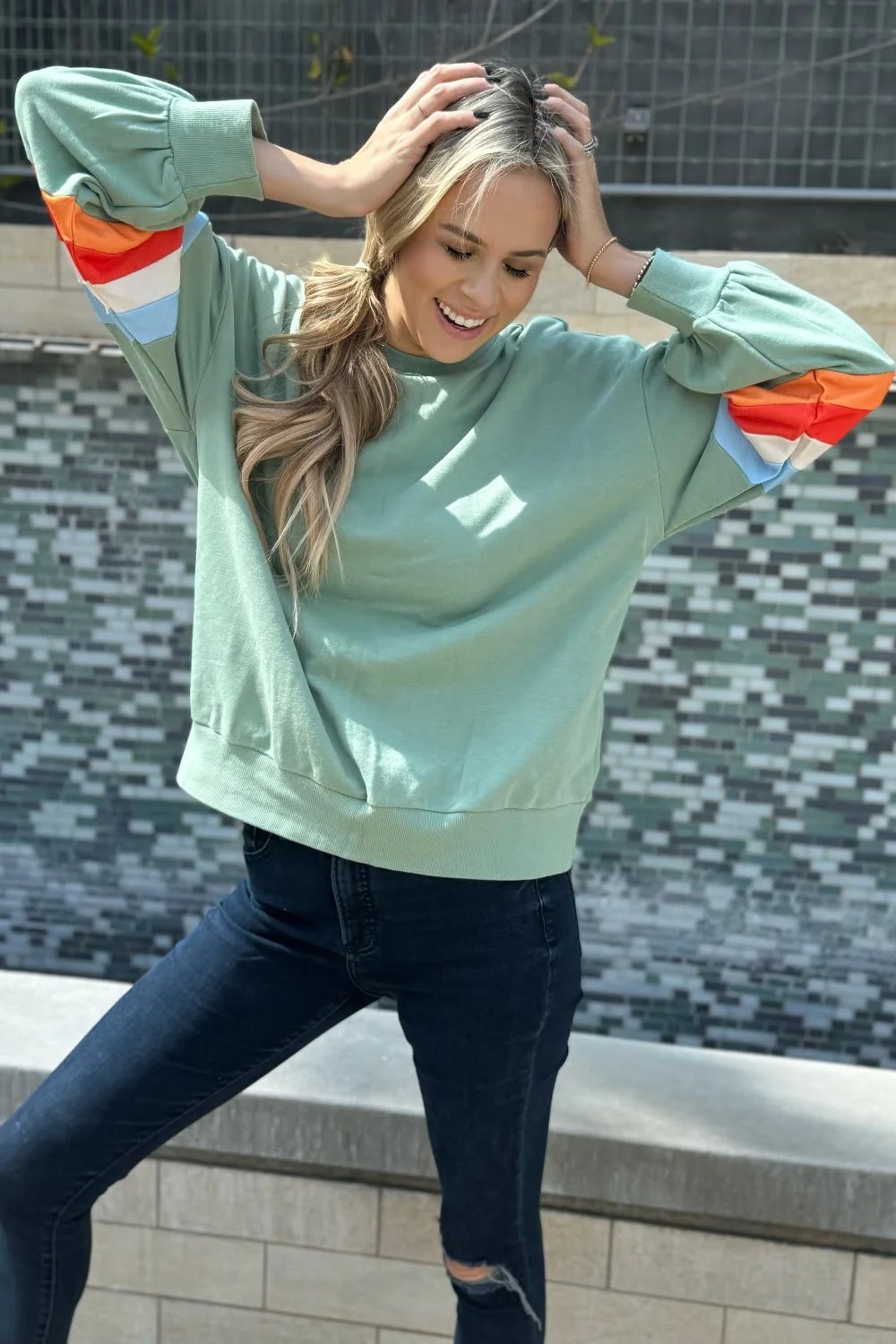 Unique Threaded Pear Ella Striped Sleeve Loose Sweatshirt Premium