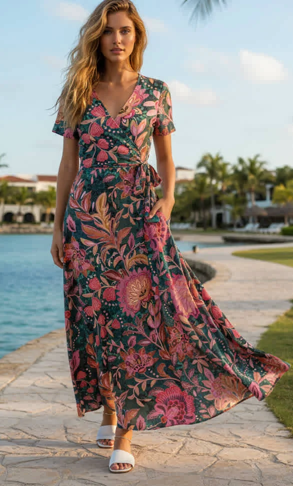 Reusable Lily by Firmiana Women s Short Sleeve Maxi Dress Women s Apparel Black Pink Coral Tropical Floral Easy-to-Use