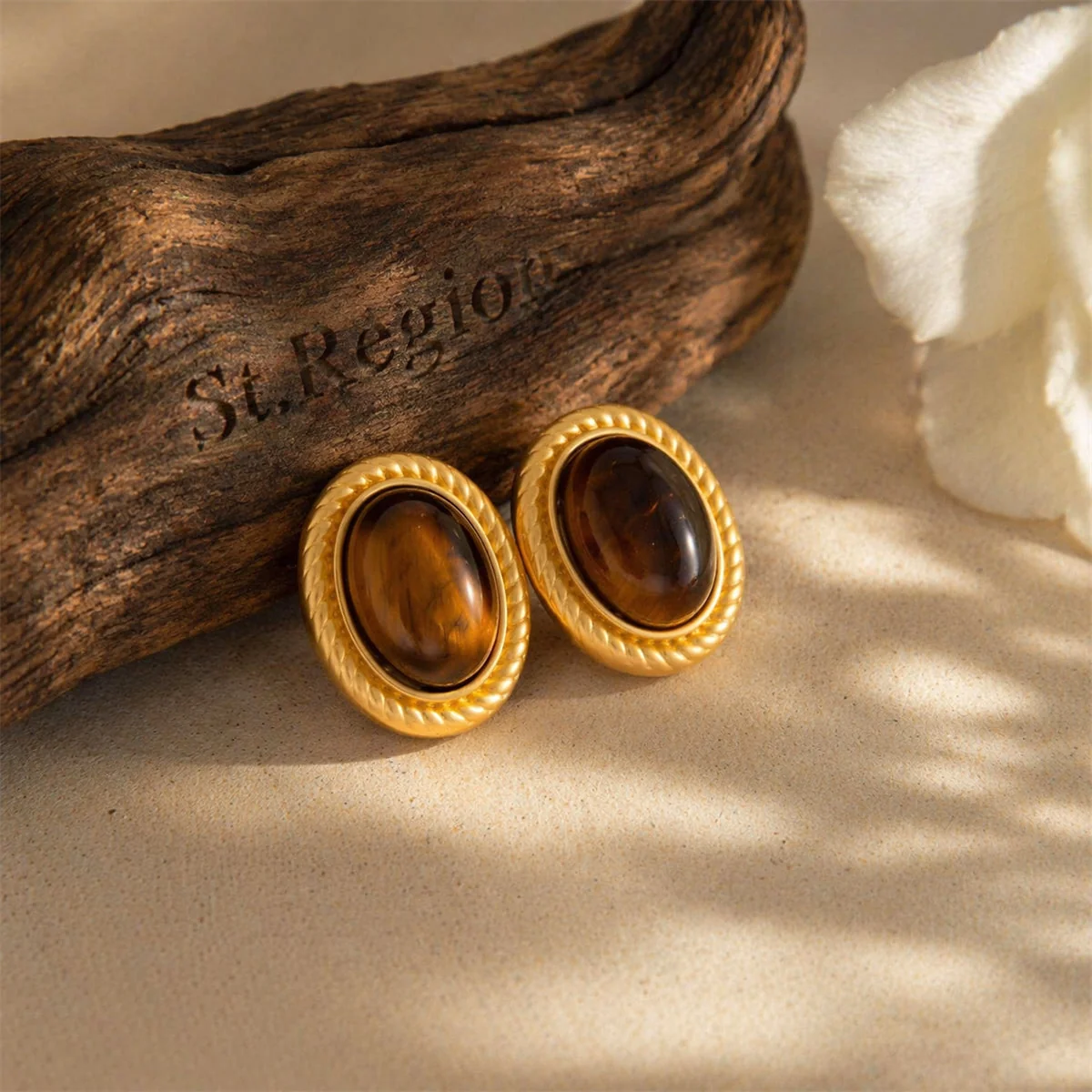 Trusted Tiger's Eye Goldtone Oval Stud Earrings Authentic