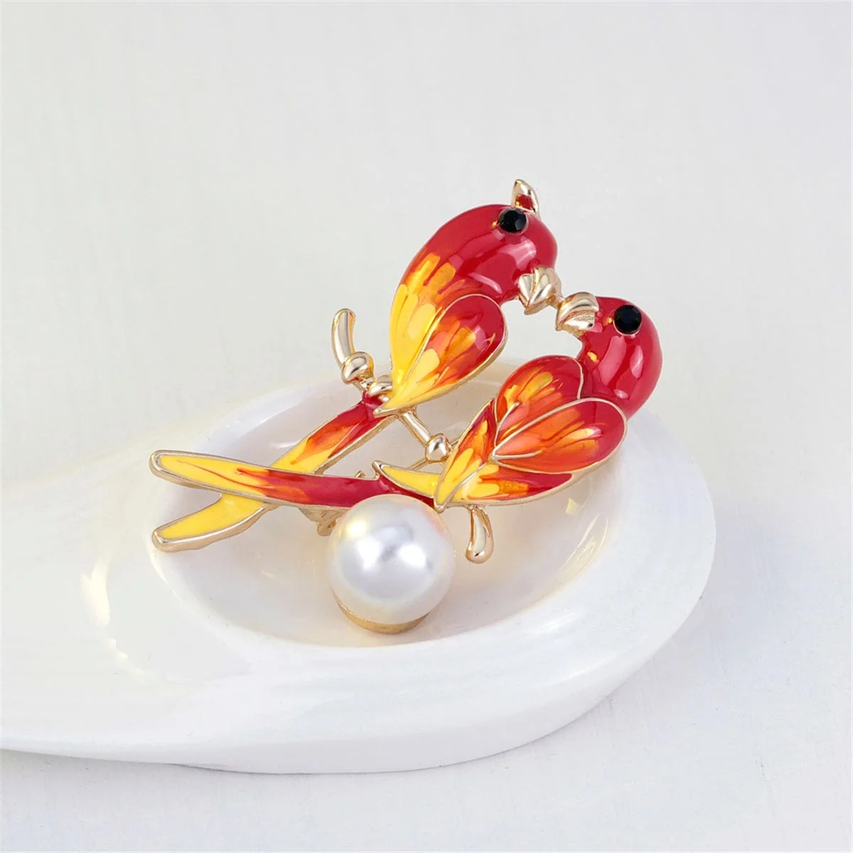 Easy-to-Use Pearl Enamel Goldtone Parrot Pair Brooch Exceptional
