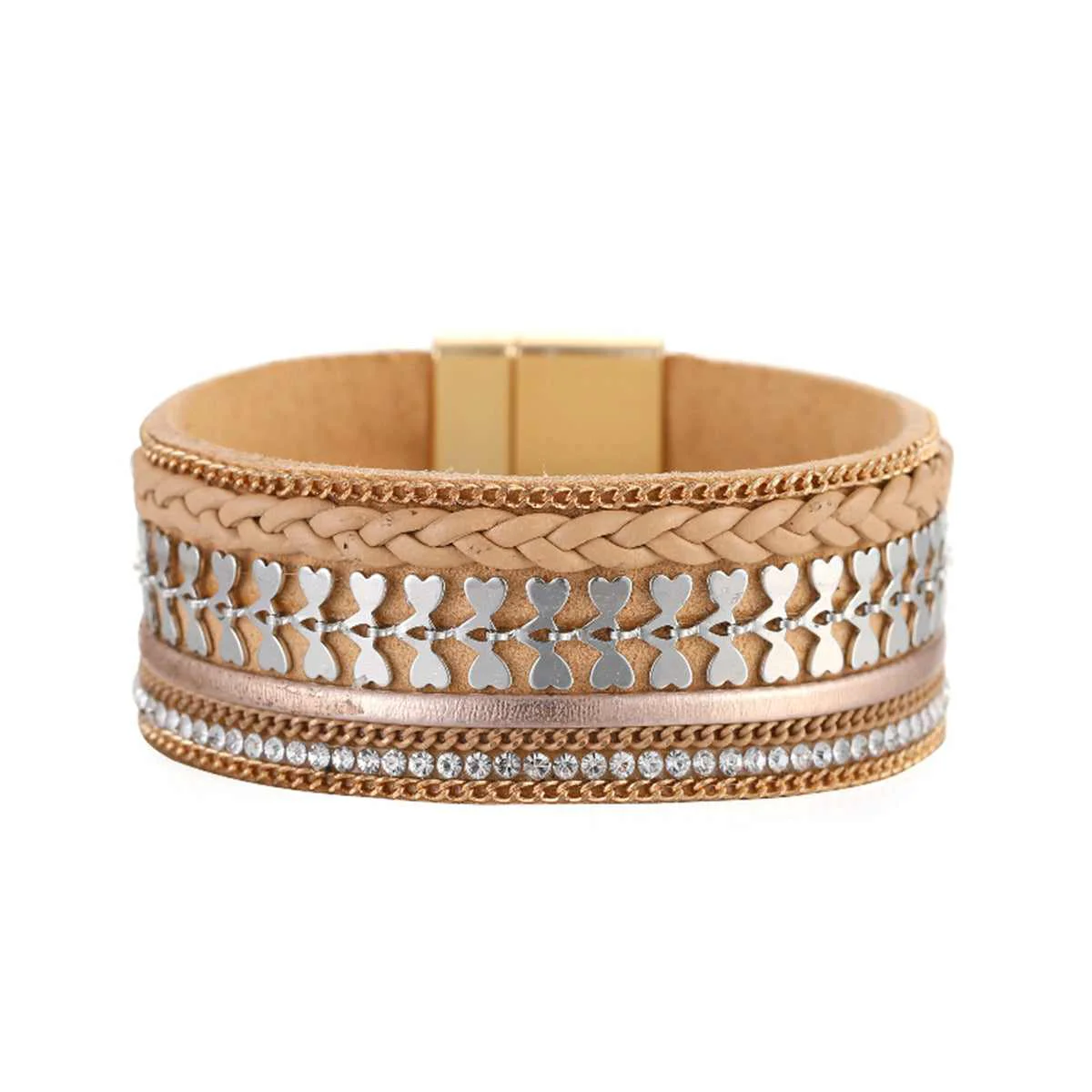 Casual Cubic Zirconia Coffee Polystyrene Two-Tone Curb-Chain Heart Bangle Long-Lasting